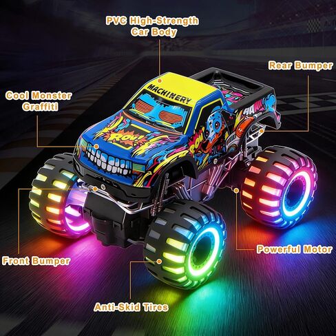 Remote Control Monster Truck Toys for Kids, 1:20 Scale 2.4GHz RC Car with Lights, All Terrain Rechargeable RC Truck with 2 Rechargeable Batteries, Toy Gift Birthday Christmas for Boys Girls Toddlers in Kuwait