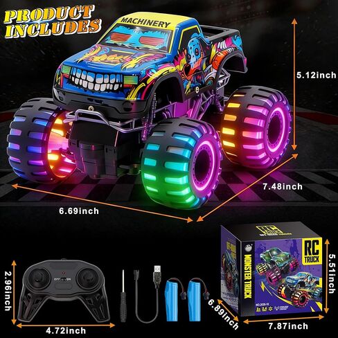Remote Control Monster Truck Toys for Kids, 1:20 Scale 2.4GHz RC Car with Lights, All Terrain Rechargeable RC Truck with 2 Rechargeable Batteries, Toy Gift Birthday Christmas for Boys Girls Toddlers in Kuwait