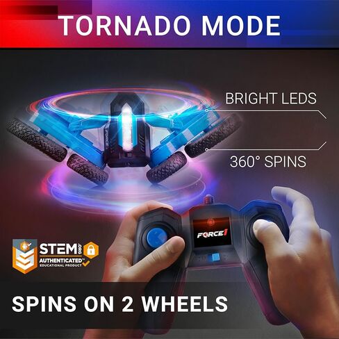 سيارة Force1 Tornado Blue LED للتحكم عن بعد للأطفال - قيادة مزدوجة الجوانب سريعة RC سيارات 360 تقلب، سيارة RC للطرق الوعرة ذات الدفع الرباعي في الهواء الطلق، إطارات لجميع التضاريس، بطارية قابلة للشحن RC Crawler، جهاز تحكم عن بعد 2.4 جيجا هرتز in Kuwait