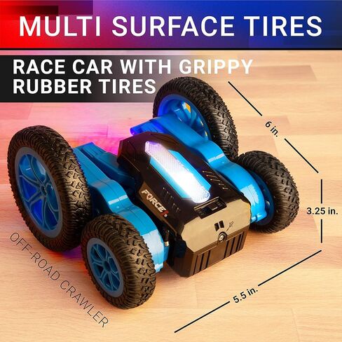 سيارة Force1 Tornado Blue LED للتحكم عن بعد للأطفال - قيادة مزدوجة الجوانب سريعة RC سيارات 360 تقلب، سيارة RC للطرق الوعرة ذات الدفع الرباعي في الهواء الطلق، إطارات لجميع التضاريس، بطارية قابلة للشحن RC Crawler، جهاز تحكم عن بعد 2.4 جيجا هرتز in Kuwait