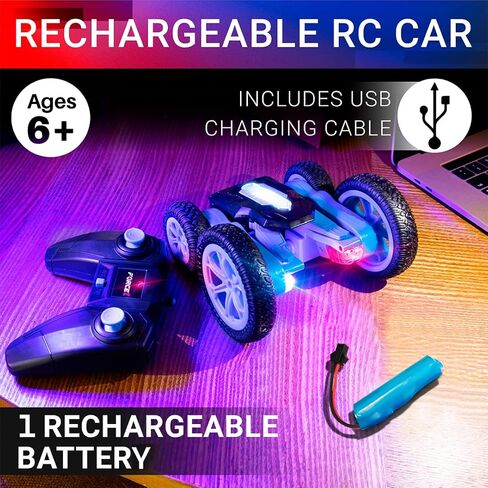 سيارة Force1 Tornado Blue LED للتحكم عن بعد للأطفال - قيادة مزدوجة الجوانب سريعة RC سيارات 360 تقلب، سيارة RC للطرق الوعرة ذات الدفع الرباعي في الهواء الطلق، إطارات لجميع التضاريس، بطارية قابلة للشحن RC Crawler، جهاز تحكم عن بعد 2.4 جيجا هرتز in Kuwait