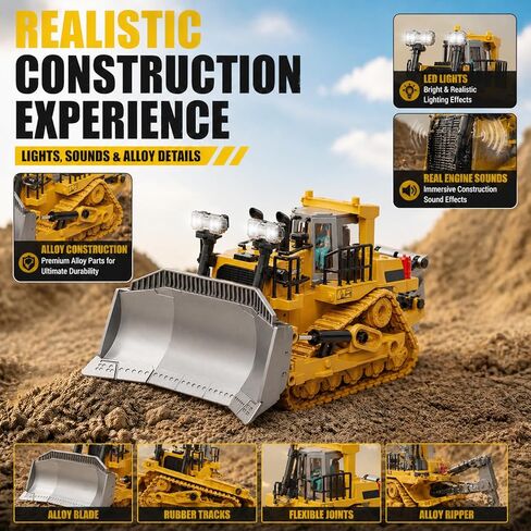 YESHIN Remote Control Bulldozer, 9 Channel Metal RC Track-Type Tractor with Lights & Sound, 2.4GHz Construction Vehicle Toy, Rechargeable, Gifts for Boys Ages 3-12 Birthday Christmas in Saudi Arabia