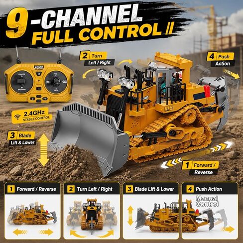 YESHIN Remote Control Bulldozer, 9 Channel Metal RC Track-Type Tractor with Lights & Sound, 2.4GHz Construction Vehicle Toy, Rechargeable, Gifts for Boys Ages 3-12 Birthday Christmas in Saudi Arabia