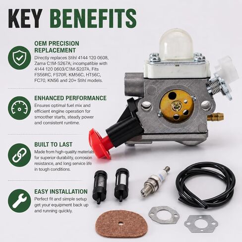 طقم المكربن ​​FS56RC لـ Stihl FS56RC FS70R KM56C HT56C - يستبدل 4144 120 0608، C1M-S267A بفلتر الهواء وخطوط الوقود وسدادة الإشعال وأداة التعديل in Kuwait