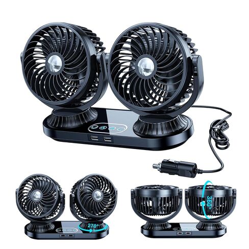Dual Head Auto Oscillating Car Cooling Fan for Dashboard, DC 12V / 24V Cigarette Lighter Plug Car Fans that Blow Cold Air Cooler for Vehicles Sedan SUV Rv Van Truck Utv Tractor Cab Without AC in Kuwait