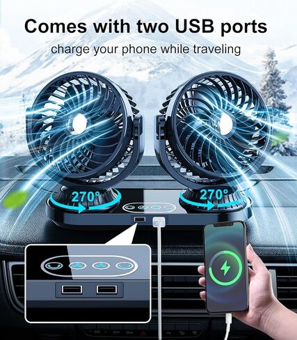 Dual Head Auto Oscillating Car Cooling Fan for Dashboard, DC 12V / 24V Cigarette Lighter Plug Car Fans that Blow Cold Air Cooler for Vehicles Sedan SUV Rv Van Truck Utv Tractor Cab Without AC in Kuwait