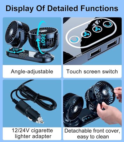 Dual Head Auto Oscillating Car Cooling Fan for Dashboard, DC 12V / 24V Cigarette Lighter Plug Car Fans that Blow Cold Air Cooler for Vehicles Sedan SUV Rv Van Truck Utv Tractor Cab Without AC in Kuwait