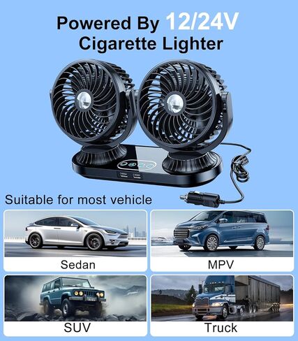 Dual Head Auto Oscillating Car Cooling Fan for Dashboard, DC 12V / 24V Cigarette Lighter Plug Car Fans that Blow Cold Air Cooler for Vehicles Sedan SUV Rv Van Truck Utv Tractor Cab Without AC in Kuwait