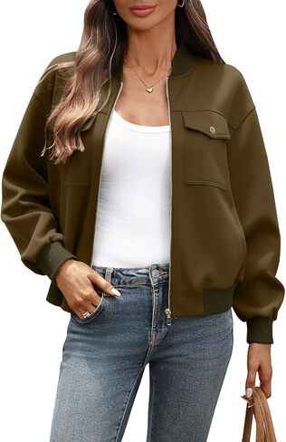 Women's Cropped Bomber Jacket Zip up Long Sleeve Drop Shoulder Jackets with 4 Pockets in Saudi Arabia