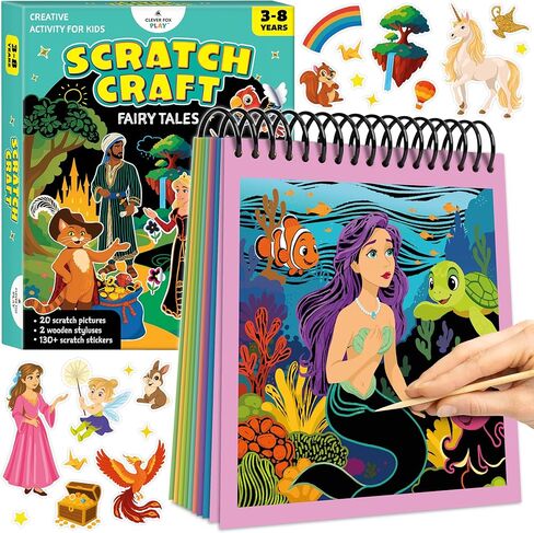 Clever Fox Play Scratch Craft for Kids – 30 Magical Fairy Tales Scratch-Off Pictures & 130+ Stickers – Craft Kits, DIY Supplies – Arts & Crafts Gifts for Boys & Girls Ages 3, 4, 5, 6, 7, 8 in Kuwait