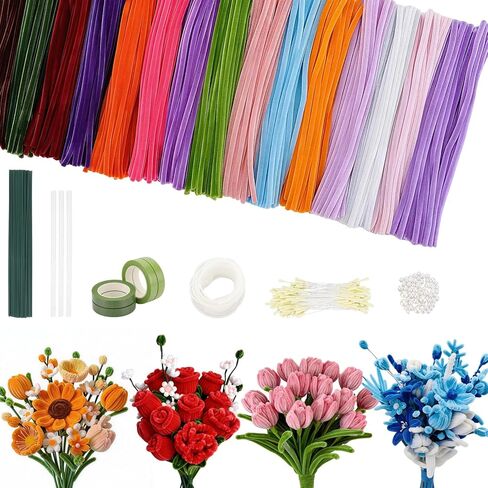 800 PCS Thick Pipe Cleaners Craft, 15 Colors Pipe Cleaners Flowers Kit, Colorful Flower Making Kit with Chenille Stems with Instruction, Arts and Craft Projects Creative DIY Decorations in Kuwait