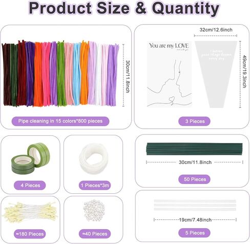 800 PCS Thick Pipe Cleaners Craft, 15 Colors Pipe Cleaners Flowers Kit, Colorful Flower Making Kit with Chenille Stems with Instruction, Arts and Craft Projects Creative DIY Decorations in Kuwait