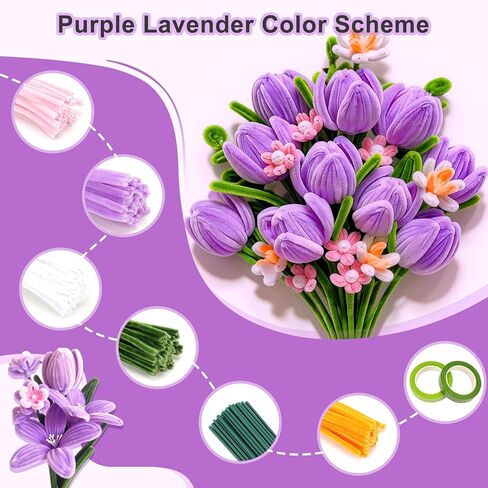 800 PCS Thick Pipe Cleaners Craft, 15 Colors Pipe Cleaners Flowers Kit, Colorful Flower Making Kit with Chenille Stems with Instruction, Arts and Craft Projects Creative DIY Decorations in Kuwait