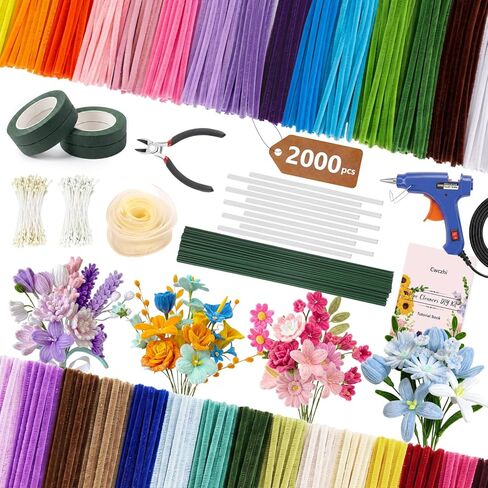 1050 PCS Pipe Cleaner Flower Kit, 15 Assorted Colors Pipe Cleaners Craft,Chenille Stems for DIY Flower Making Kit with Instructions,Floral Wires,Stamen& Ribbon,Art and Craft Supplies in Kuwait