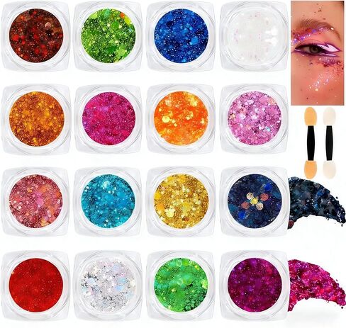 16 Colors Chunky Fine Mixed Holographic Glitter Gel Set for Face and Body Makeup Festival Party Sparkle Glitter Gel Decoration Rave Accessories in Kuwait