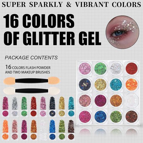 16 Colors Chunky Fine Mixed Holographic Glitter Gel Set for Face and Body Makeup Festival Party Sparkle Glitter Gel Decoration Rave Accessories in Kuwait