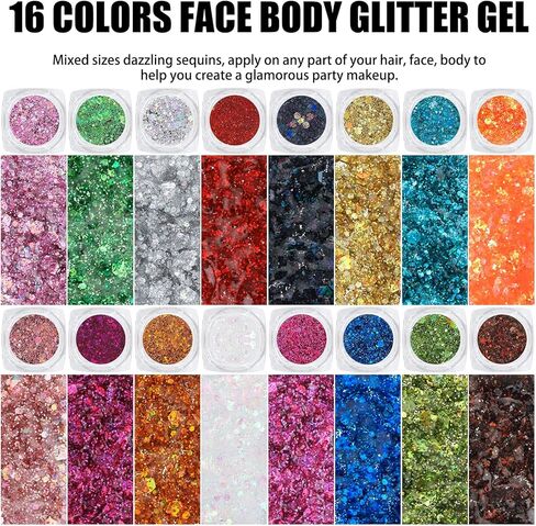 16 Colors Chunky Fine Mixed Holographic Glitter Gel Set for Face and Body Makeup Festival Party Sparkle Glitter Gel Decoration Rave Accessories in Kuwait