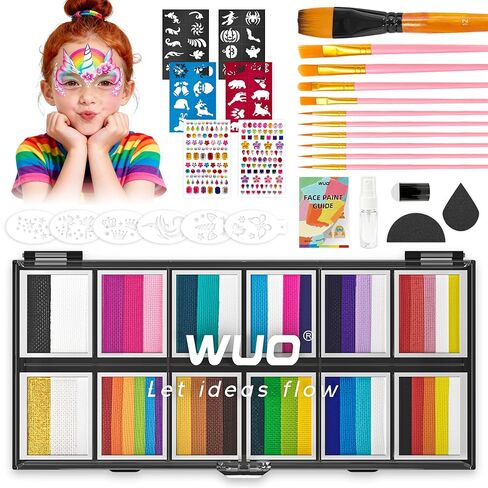 WUO Professional Face Painting Kit for Kids Adults, 12x10g Split Cake Palette with Stencils Sponge, Non-Toxic Water-Activated Rainbow Body Face Paint Makeup for Halloween Christmas & Costume Partie in Kuwait