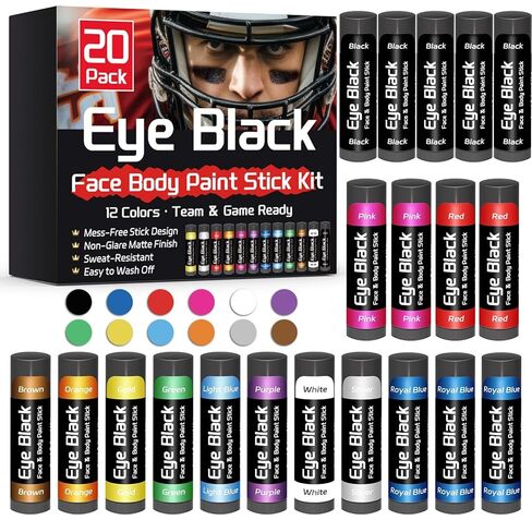 Eye Black Stick 20 Pack, 12 Colors Sports Eye Black for Football Baseball Softball, Anti Glare Eye Black Face Paint for Athletes & Fans, Retractable Under Eye Sports Paint Sticks for Game Day in Kuwait