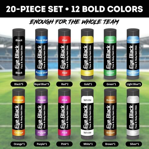 Eye Black Stick 20 Pack, 12 Colors Sports Eye Black for Football Baseball Softball, Anti Glare Eye Black Face Paint for Athletes & Fans, Retractable Under Eye Sports Paint Sticks for Game Day in Kuwait