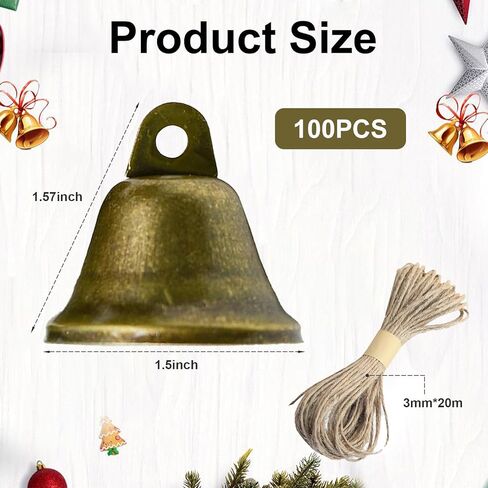 100 قطعة أجراس برونزية مع حبل قصير، 1.5 × 1.57 بوصة أجراس حرفية عتيقة أجراس حرفية صغيرة لتعليق أجراس الرياح لتدريب الكلاب جرس الباب ديكور الزفاف DIY لصالح الحرف اليدوية شجرة عيد الميلاد in Kuwait