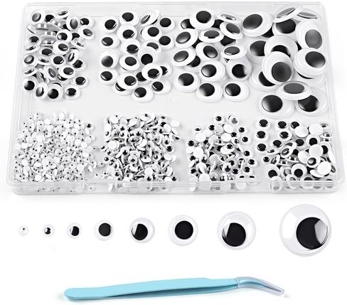 Phinus 1400PCS Googly Eyes, 8 Different Size Self-Adhesive Googly Eyes for Crafts, 4mm, 5mm, 6mm, 8mm, 10mm, 12mm, 15mm, 20mm Black Wiggle Sticky Googly Eyes with Tweezers in Kuwait
