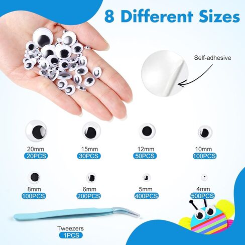 Phinus 1400PCS Googly Eyes, 8 Different Size Self-Adhesive Googly Eyes for Crafts, 4mm, 5mm, 6mm, 8mm, 10mm, 12mm, 15mm, 20mm Black Wiggle Sticky Googly Eyes with Tweezers in Kuwait