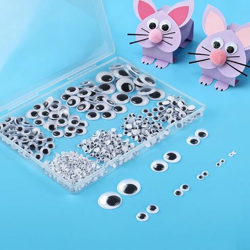 Phinus 1400PCS Googly Eyes, 8 Different Size Self-Adhesive Googly Eyes for Crafts, 4mm, 5mm, 6mm, 8mm, 10mm, 12mm, 15mm, 20mm Black Wiggle Sticky Googly Eyes with Tweezers in Kuwait