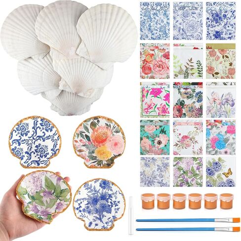 ForraFun 40 Set Scallop Shells for Crafts 4''-5'' White Natural Shells Bulk with Decoupage Floral Napkins Acrylic Paints Brushes and Glue for DIY Arts and Crafts Seashells Home Decor Ornaments in Kuwait