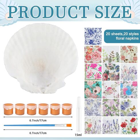 ForraFun 40 Set Scallop Shells for Crafts 4''-5'' White Natural Shells Bulk with Decoupage Floral Napkins Acrylic Paints Brushes and Glue for DIY Arts and Crafts Seashells Home Decor Ornaments in Kuwait