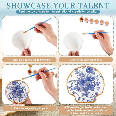 ForraFun 40 Set Scallop Shells for Crafts 4''-5'' White Natural Shells Bulk with Decoupage Floral Napkins Acrylic Paints Brushes and Glue for DIY Arts and Crafts Seashells Home Decor Ornaments in Kuwait
