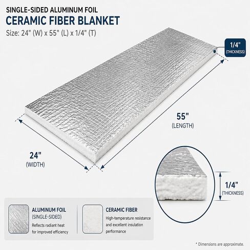 Ceramic Fiber Blanket with Aluminum Foil (Single-Sided), High-Temperature 2600°F ,High-Density 10 PCF 160 kg/m³, Fireproof Thermal Insulation for Kilns, Pizza Ovens, Wood Stove Baffle, 24" x 55". in Kuwait