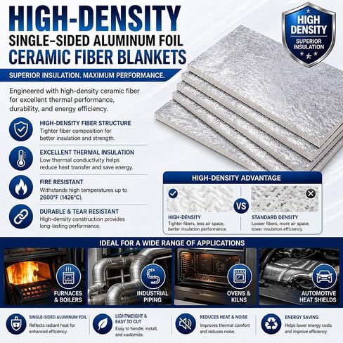 Ceramic Fiber Blanket with Aluminum Foil (Single-Sided), High-Temperature 2600°F ,High-Density 10 PCF 160 kg/m³, Fireproof Thermal Insulation for Kilns, Pizza Ovens, Wood Stove Baffle, 24" x 55". in Kuwait