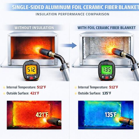 Ceramic Fiber Blanket with Aluminum Foil (Single-Sided), High-Temperature 2600°F ,High-Density 10 PCF 160 kg/m³, Fireproof Thermal Insulation for Kilns, Pizza Ovens, Wood Stove Baffle, 24" x 55". in Kuwait