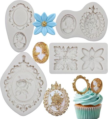 Vintage Picture Frame Molds, 4 Packs Cameo Flowers Fondant Molds for Photo Frame Design, Cake Decoration Chocolate Cupcake Topper Candy Polymer Clay in Kuwait