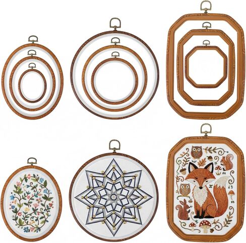 9 Pack Embroidery Hoop Frame Large 4 Shape Decorative Imitated Wood Display Frame Circle Cross Stitch frames Hoop Ring for DIY Art Craft Sewing Ornaments, Circle Oval Octagonal Shape and Hanging Decor in Kuwait