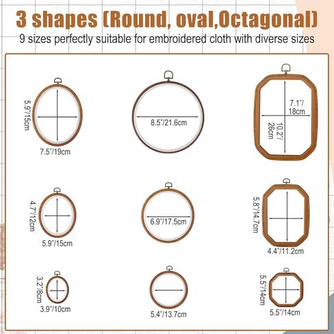 9 Pack Embroidery Hoop Frame Large 4 Shape Decorative Imitated Wood Display Frame Circle Cross Stitch frames Hoop Ring for DIY Art Craft Sewing Ornaments, Circle Oval Octagonal Shape and Hanging Decor in Kuwait