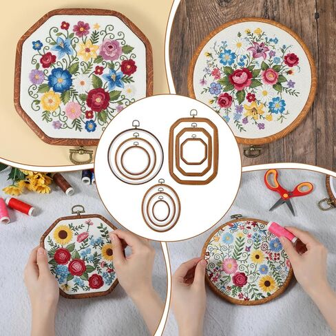9 Pack Embroidery Hoop Frame Large 4 Shape Decorative Imitated Wood Display Frame Circle Cross Stitch frames Hoop Ring for DIY Art Craft Sewing Ornaments, Circle Oval Octagonal Shape and Hanging Decor in Kuwait