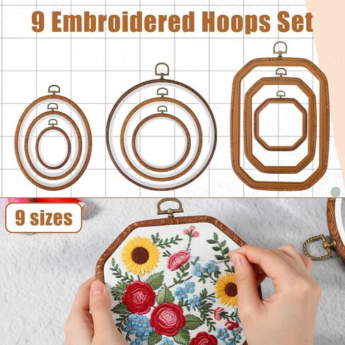 9 Pack Embroidery Hoop Frame Large 4 Shape Decorative Imitated Wood Display Frame Circle Cross Stitch frames Hoop Ring for DIY Art Craft Sewing Ornaments, Circle Oval Octagonal Shape and Hanging Decor in Kuwait