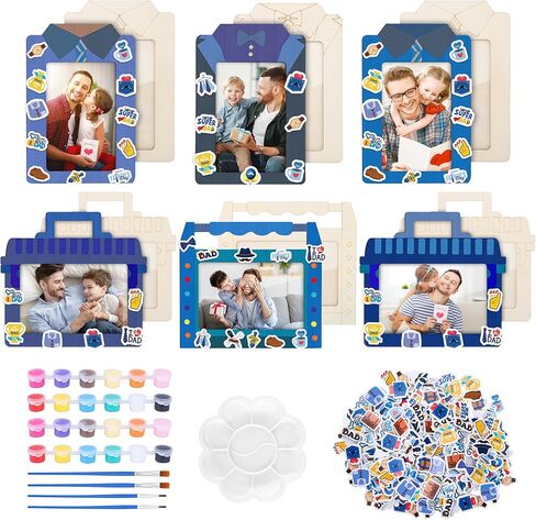 Fovths 24 Packs Father's Day Picture Frame Craft Kits Wooden DIY Picture Frames with 150 Foam Stickers Painting Tools Brushes for Father's Day Gifts Craft Party Decor, 4 Styles in Kuwait