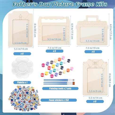 Fovths 24 Packs Father's Day Picture Frame Craft Kits Wooden DIY Picture Frames with 150 Foam Stickers Painting Tools Brushes for Father's Day Gifts Craft Party Decor, 4 Styles in Kuwait