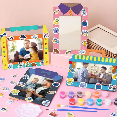 Fovths 24 Packs Father's Day Picture Frame Craft Kits Wooden DIY Picture Frames with 150 Foam Stickers Painting Tools Brushes for Father's Day Gifts Craft Party Decor, 4 Styles in Kuwait