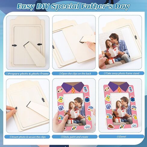 Fovths 24 Packs Father's Day Picture Frame Craft Kits Wooden DIY Picture Frames with 150 Foam Stickers Painting Tools Brushes for Father's Day Gifts Craft Party Decor, 4 Styles in Kuwait