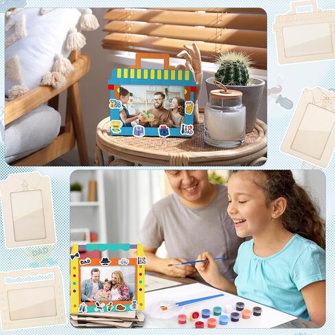 Fovths 24 Packs Father's Day Picture Frame Craft Kits Wooden DIY Picture Frames with 150 Foam Stickers Painting Tools Brushes for Father's Day Gifts Craft Party Decor, 4 Styles in Kuwait