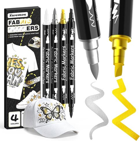Swemos 4 Fabric Markers, Fabric Paint Permanent for Clothes, Brush and Chisel Tip Acrylic Paint Pens for Helmets, Skateboards, Hats, Canvas, Shoes, Bags, Craft, DIY - Fabric Decorating Kit in Saudi Arabia