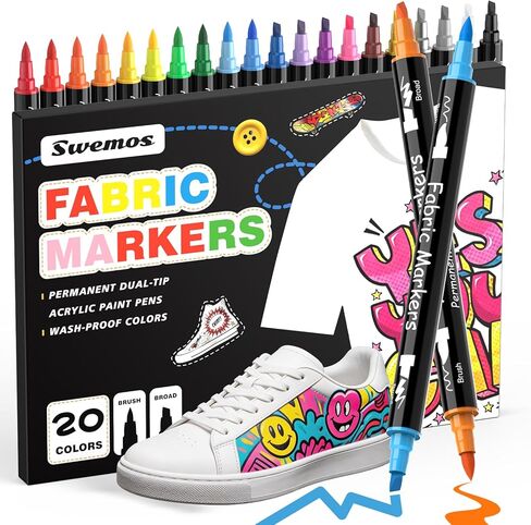 Swemos 4 Fabric Markers, Fabric Paint Permanent for Clothes, Brush and Chisel Tip Acrylic Paint Pens for Helmets, Skateboards, Hats, Canvas, Shoes, Bags, Craft, DIY - Fabric Decorating Kit in Saudi Arabia