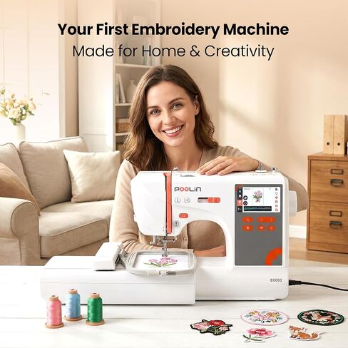 PooLin EOC03 Embroidery Machine 4x4 & 4x9.25 Embroidery Area for Beginners, Easy Operation System, 130 Built-in Designs, 8 Fonts, WiFi Design Transfer, Home DIY Embroidery Machine with Starter Kit in Saudi Arabia