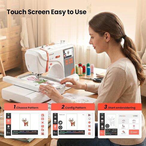 PooLin EOC03 Embroidery Machine 4x4 & 4x9.25 Embroidery Area for Beginners, Easy Operation System, 130 Built-in Designs, 8 Fonts, WiFi Design Transfer, Home DIY Embroidery Machine with Starter Kit in Saudi Arabia