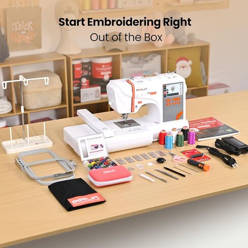 PooLin EOC03 Embroidery Machine 4x4 & 4x9.25 Embroidery Area for Beginners, Easy Operation System, 130 Built-in Designs, 8 Fonts, WiFi Design Transfer, Home DIY Embroidery Machine with Starter Kit in Saudi Arabia