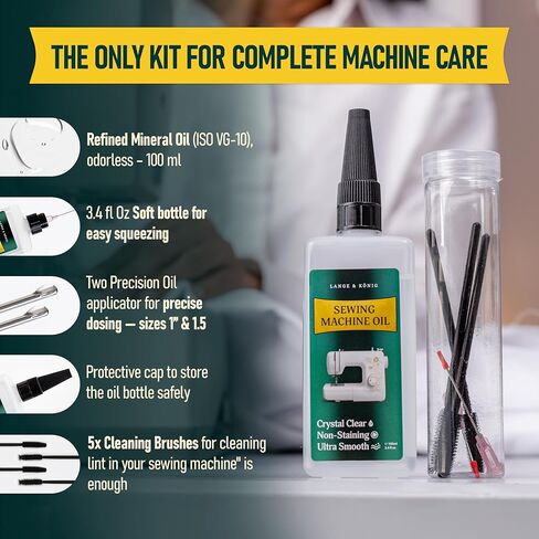 Lange & König 3.4 Oz Sewing Machine Oil Set Including 1" & 1.5" Precision Oil Applicators & 5X Specialized Deep Cleaning Brushes - Sewing Supplies, Sewing Products (Crystal Clear) in Kuwait